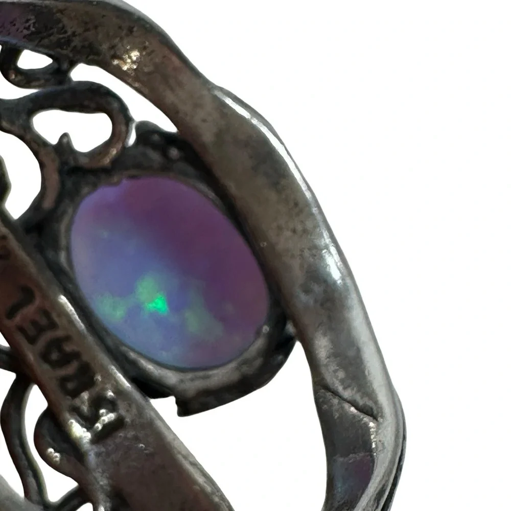 Vintage Israel 925 Sterling Silver Blue Opal Filigree Scroll Ring Jewish Artisan
